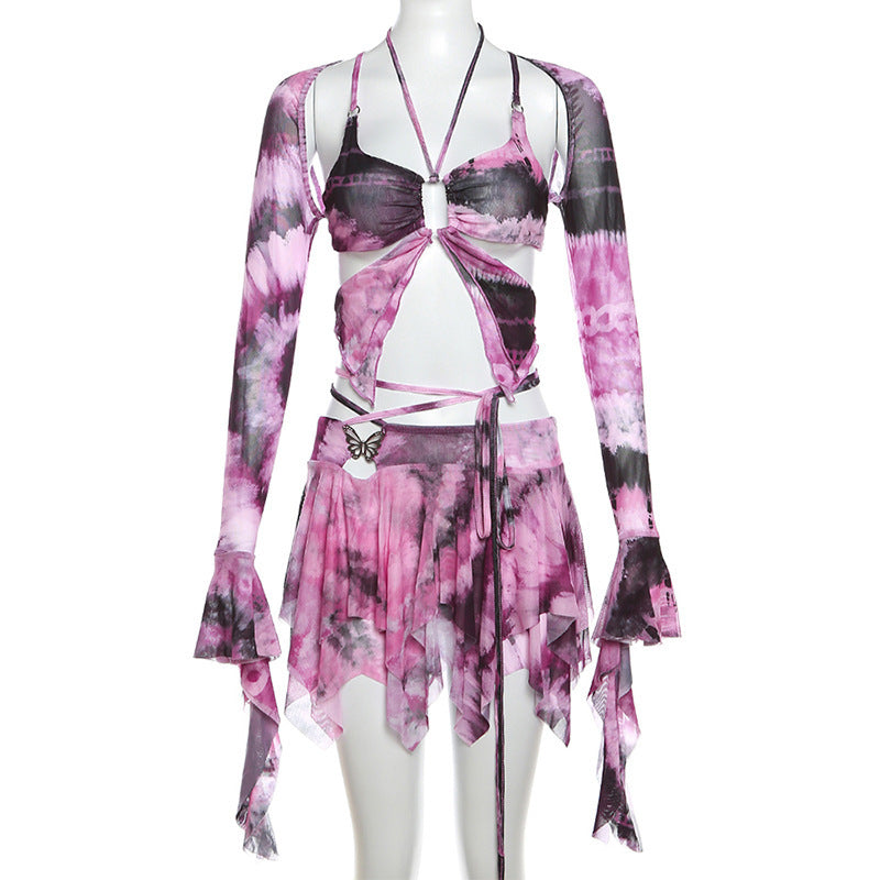 Butterfly Print Lace-up Dress