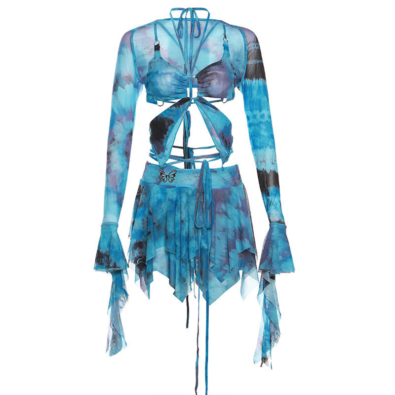 Butterfly Print Lace-up Dress