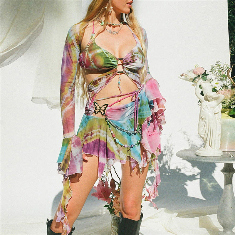 Butterfly Print Lace-up Dress
