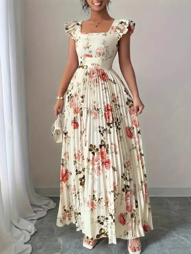 Floral Square Neck Flutter Sleeve Pleated Dress