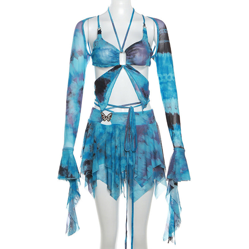 Butterfly Print Lace-up Dress